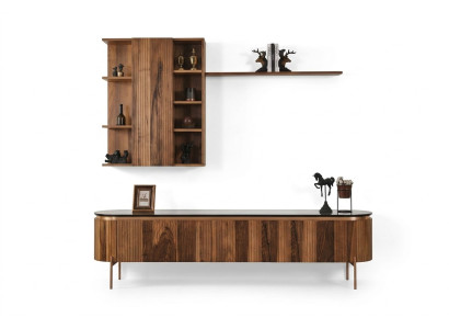 Perfect living room set consists of a brown TV stand and wall cabinet.