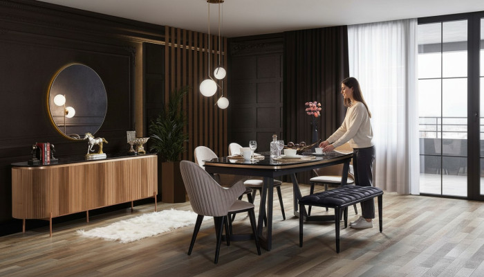 Luxurious dining room set consists of a dining table, 4x chairs, and a sideboard, 7-piece set.