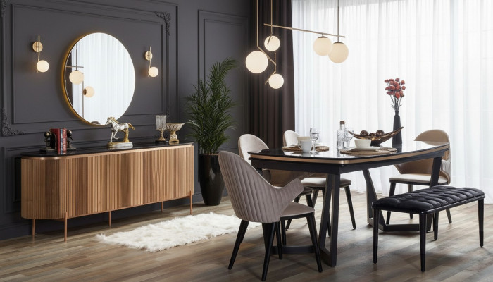 Luxurious dining room set consists of a dining table, 4x chairs, and a sideboard, 7-piece set.