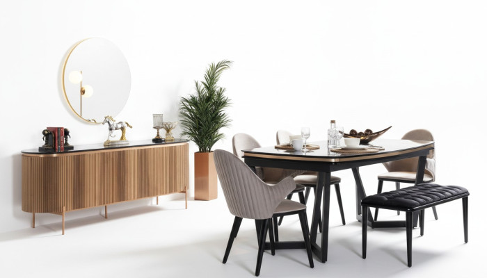 Luxurious dining room set consists of a dining table, 4x chairs, and a sideboard, 7-piece set.