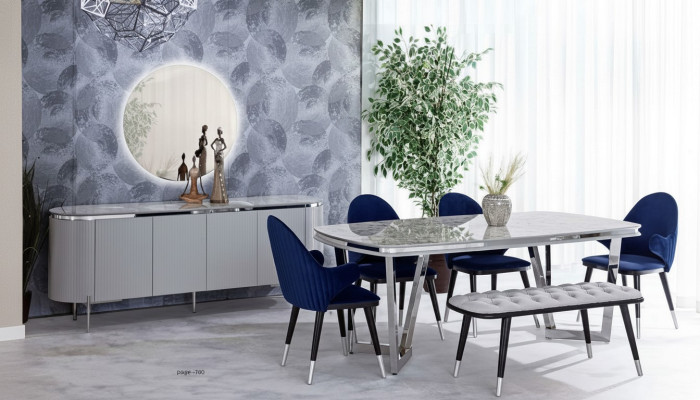 Dining room set consists of dining table, 4x chairs, mirror, sideboard, bench, 8 pieces.