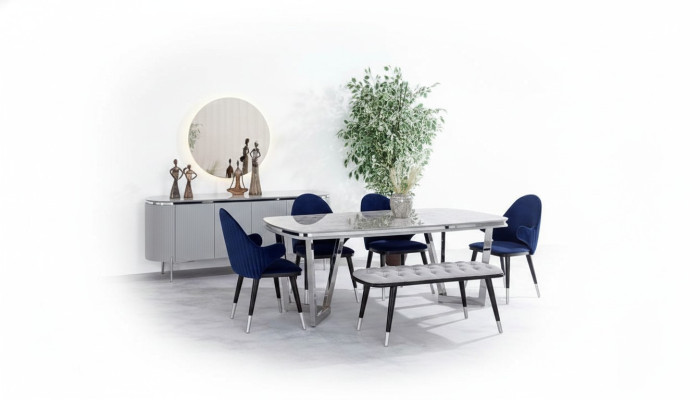 Dining room set consists of dining table, 4x chairs, mirror, sideboard, bench, 8 pieces.