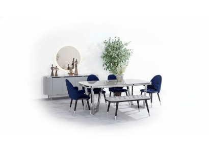 Dining room set consists of dining table, 4x chairs, mirror, sideboard, bench, 8 pieces.