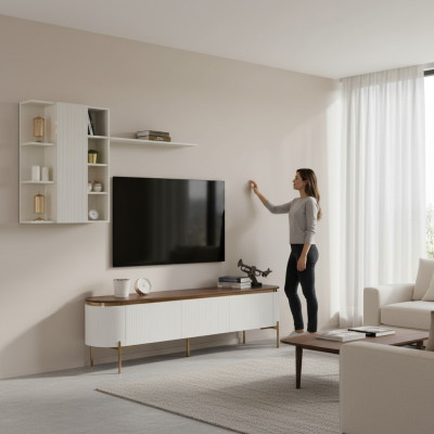 Living room set consists of TV lowboard and wall cabinet with gold elements.