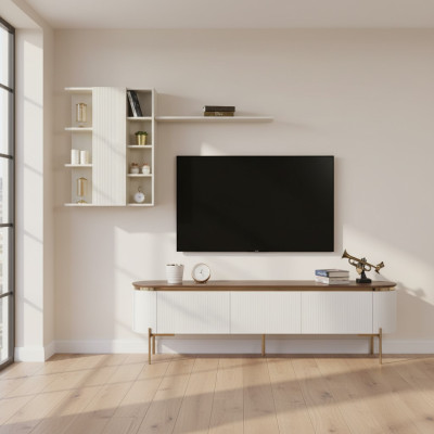 Living room set consists of TV lowboard and wall cabinet with gold elements.