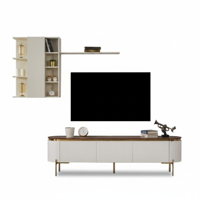 Living room set consists of TV lowboard and wall cabinet with gold elements.