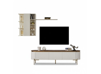 Living room set consists of TV lowboard and wall cabinet with gold elements.