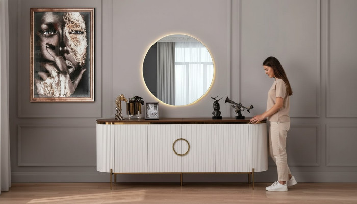 Dining room set consisting of a sideboard and mirror, beige with gold elements