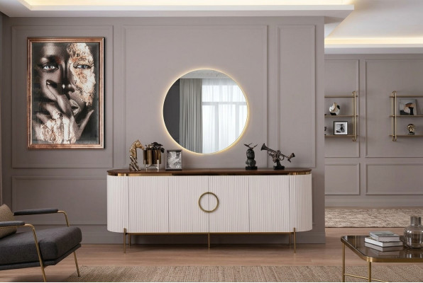 Dining room set consisting of a sideboard and mirror, beige with gold elements
