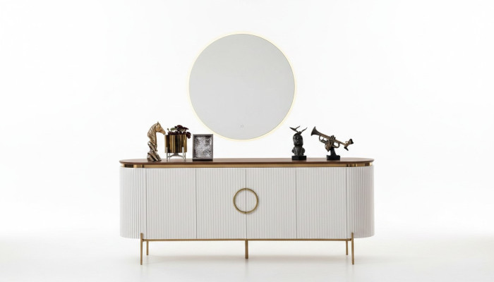Dining room set consisting of a sideboard and mirror, beige with gold elements