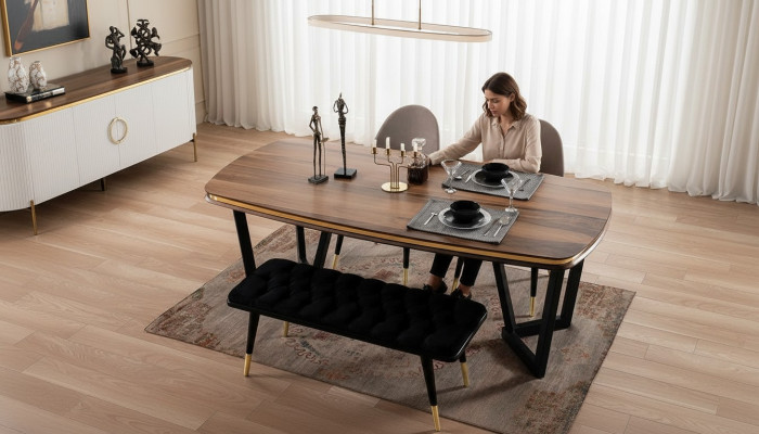Dining room set consists of dining table + 4 chairs and bench, 6 pieces in brown color.