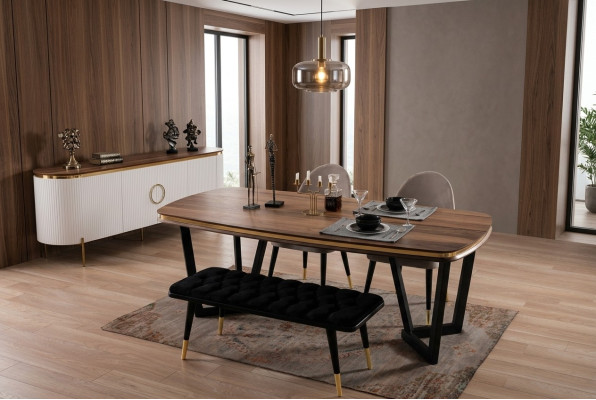 Dining room set consists of dining table + 4 chairs and bench, 6 pieces in brown color.