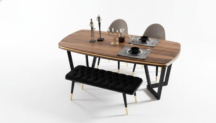 Dining room set consists of dining table + 4 chairs and bench, 6 pieces in brown color.