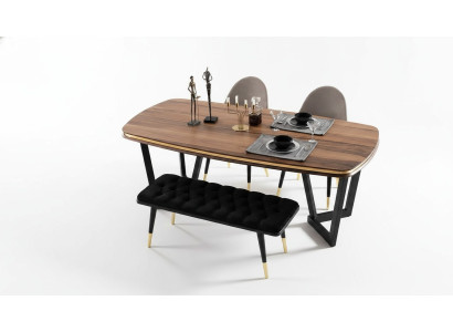 Dining room set consists of dining table + 4 chairs and bench, 6 pieces in brown color.