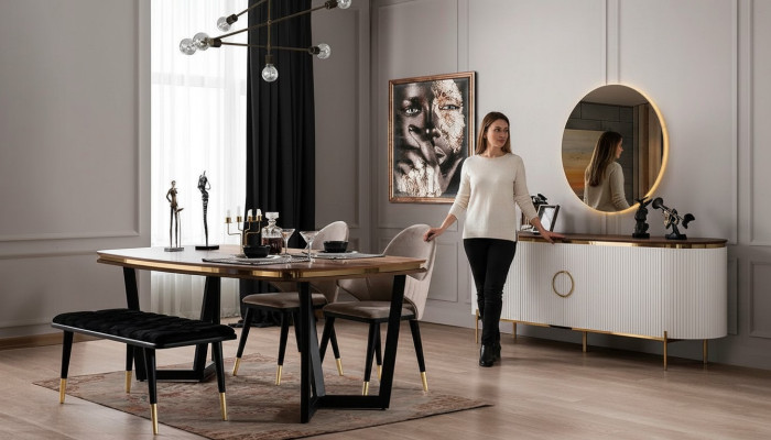 Dining room set consists of dining table, 4 chairs, bench, sideboard, mirror, 8 pieces.