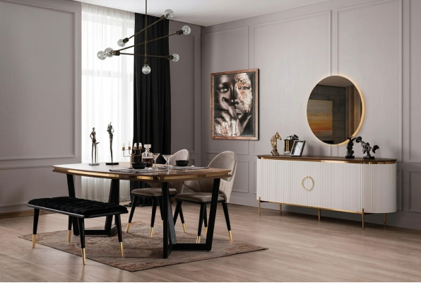 Dining room set consists of dining table, 4 chairs, bench, sideboard, mirror, 8 pieces.