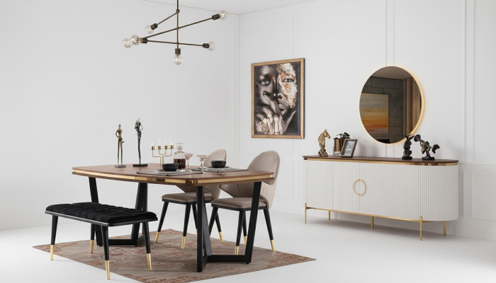 Dining room set consists of dining table, 4 chairs, bench, sideboard, mirror, 8 pieces.