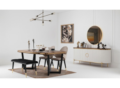 Dining room set consists of dining table, 4 chairs, bench, sideboard, mirror, 8 pieces.