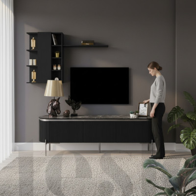 Living room set consists of a black TV lowboard and a 2-piece wall cabinet.