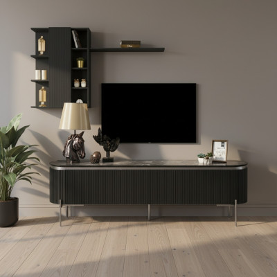 Living room set consists of a black TV lowboard and a 2-piece wall cabinet.
