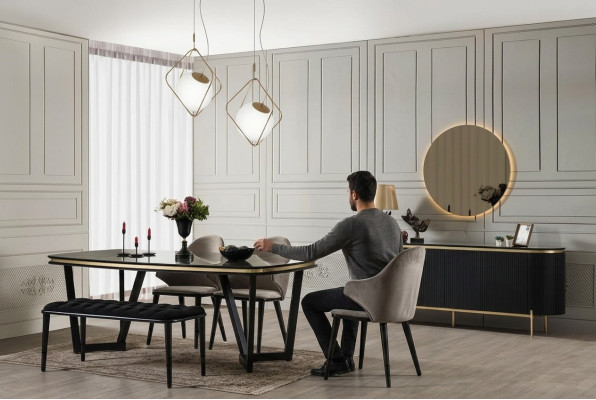 Modern 8-piece dining room set dining table 4x chairs sideboard mirror bench new