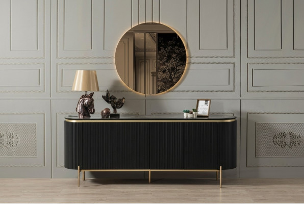 Dining Room Set Modern Consists of Black Sideboard and Mirror 2-piece.