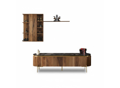 Living room set consists of TV lowboard + wall cabinet with shelf, 2-piece, new