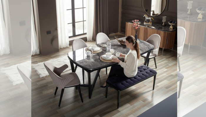 Stylish dining room set consists of dining table, 4x chairs, and bench 6-piece set.