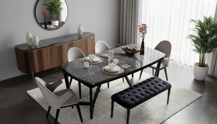 Stylish dining room set consists of dining table, 4x chairs, and bench 6-piece set.