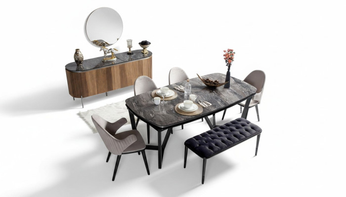 Stylish dining room set consists of dining table, 4x chairs, and bench 6-piece set.