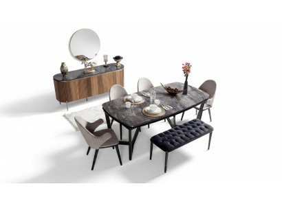 Stylish dining room set consists of dining table, 4x chairs, and bench 6-piece set.