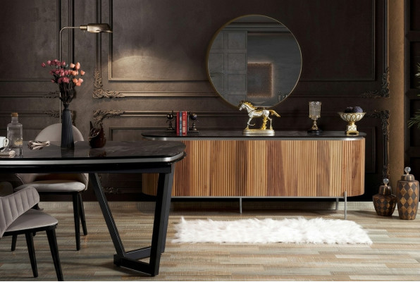 Luxurious dining room set consists of a modern black sideboard and mirror.
