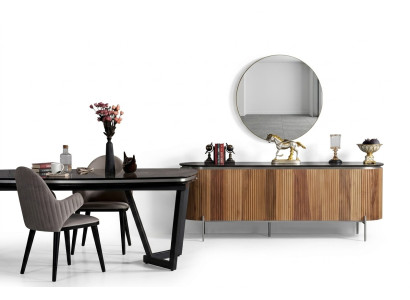 Luxurious dining room set consists of a modern black sideboard and mirror.