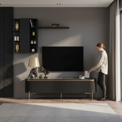 Luxurious 2-piece living room set TV lowboard and wall cabinet with shelf