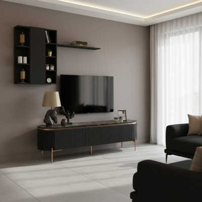 Luxurious 2-piece living room set TV lowboard and wall cabinet with shelf