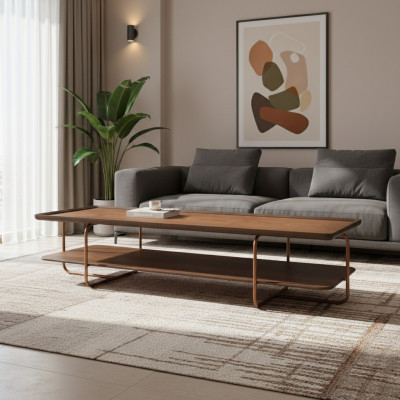 Brown living room wooden coffee table with stainless steel legs elegant sofa table