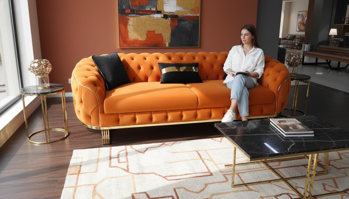 Stylish 3-Seater Chesterfield Sofa Orange Modern Living Room Furniture
