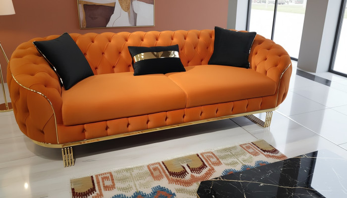Stylish 3-Seater Chesterfield Sofa Orange Modern Living Room Furniture