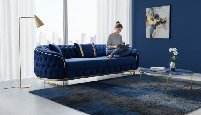 Blue Chesterfield Sofa Designer Living Room Three-Seater Stainless Steel Furniture
