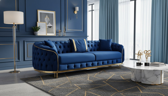 Blue Chesterfield Sofa Designer Living Room Three-Seater Stainless Steel Furniture
