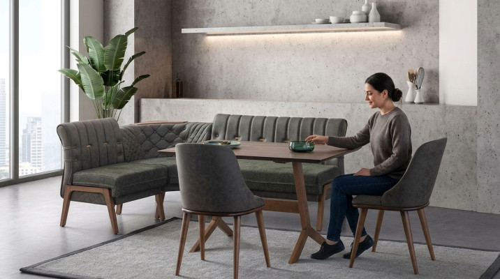 Gray dining room set: wooden dining table, 2 textile chairs, corner bench, 4-piece set