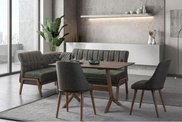 Gray dining room set: wooden dining table, 2 textile chairs, corner bench, 4-piece set