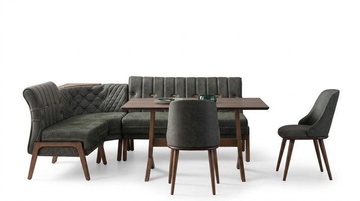 Gray dining room set: wooden dining table, 2 textile chairs, corner bench, 4-piece set