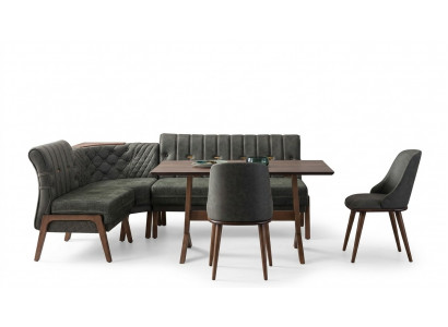 Gray dining room set: wooden dining table, 2 textile chairs, corner bench, 4-piece set