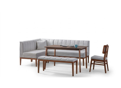 White-Brown Dining Room Set Stylish Wooden Table Upholstered Corner Bench New
