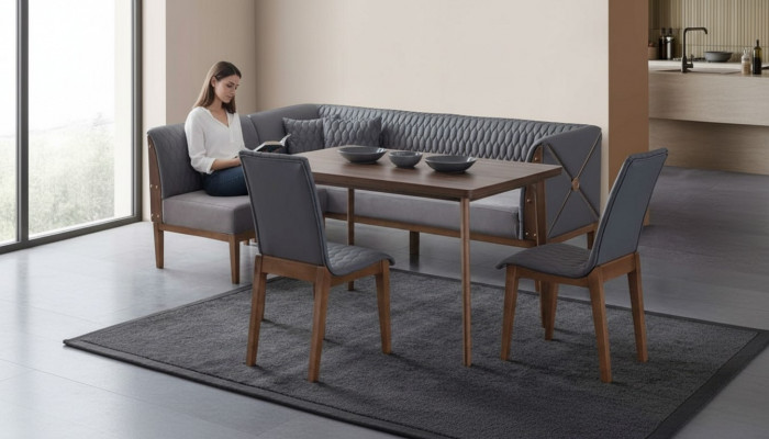 Stylish grey dining room set, brown dining table, 2 chairs, bench