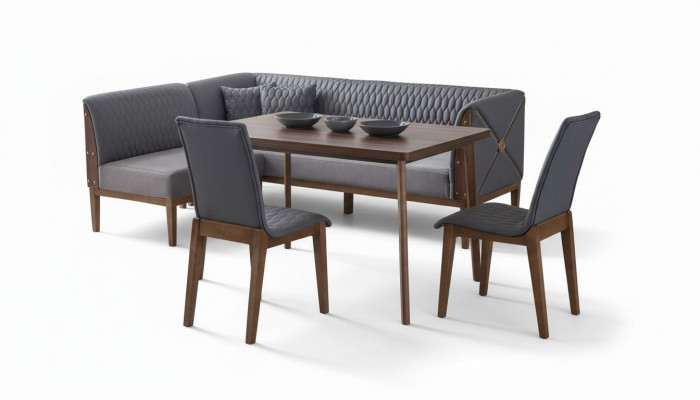 Stylish grey dining room set, brown dining table, 2 chairs, bench