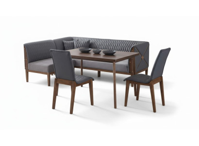 Stylish grey dining room set, brown dining table, 2 chairs, bench