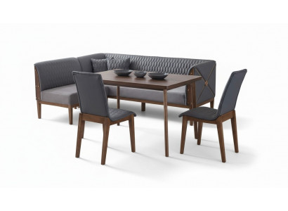 Stylish grey dining room set, brown dining table, 2 chairs, bench