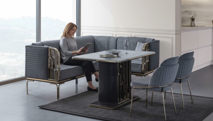 Exclusive Gray Dining Room Set Luxury Stainless Steel Table 2x Textile Chairs